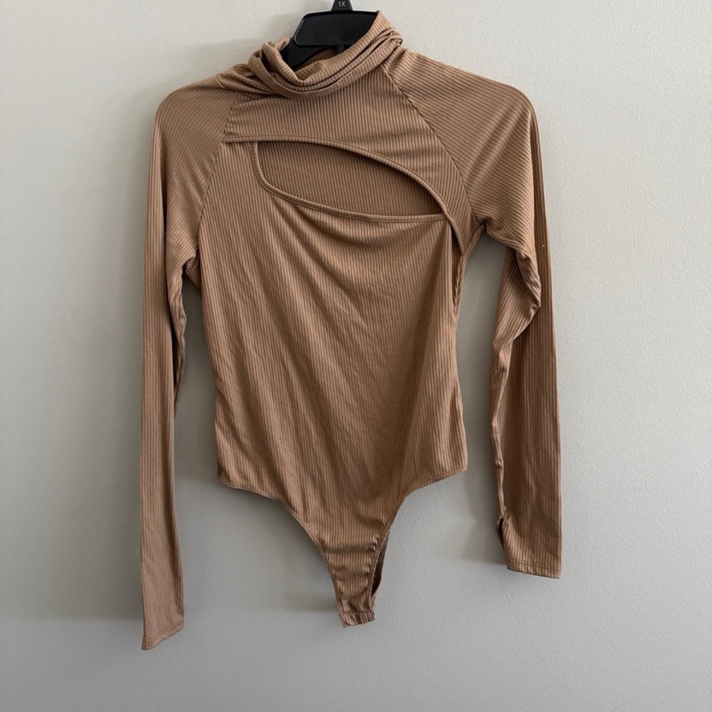 Tan Long Sleeve Cutout Turtleneck Bodysuit